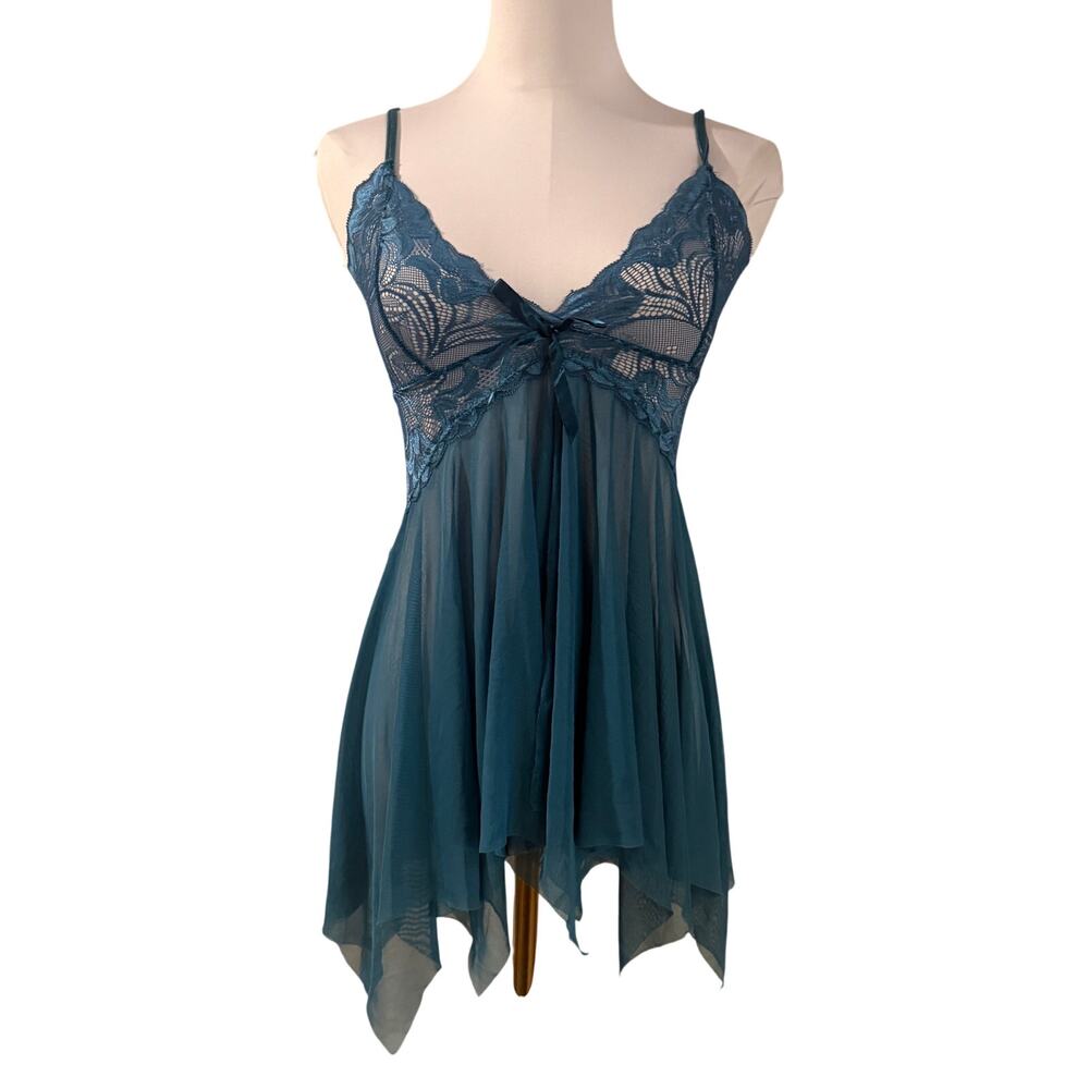 Blue Sheer Lace Babydoll Chemise Tank Nightgown Lingerie Handkerchief XS Sexy